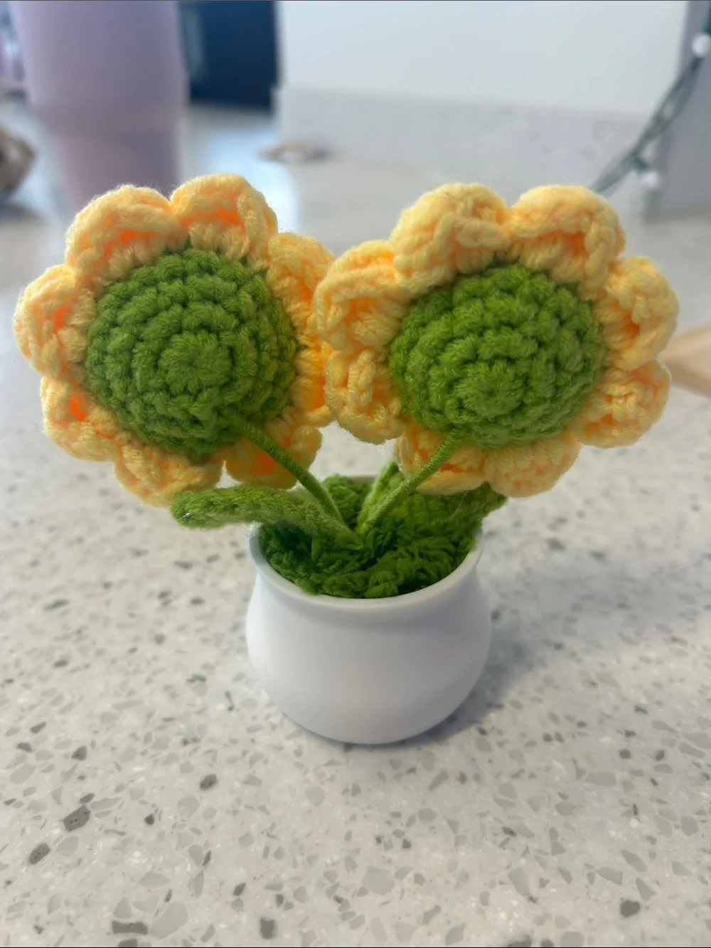 Handmade Yellow Crochet Smiling Sunflower Duo in White Pot